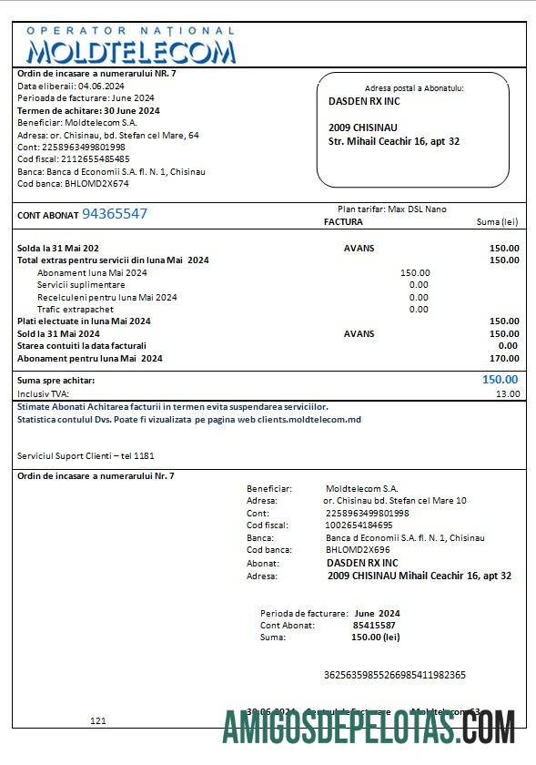 em branco Moldávia Moldtelecom Business Utility Bill Template em formatos Word e PDF, totalmente editável